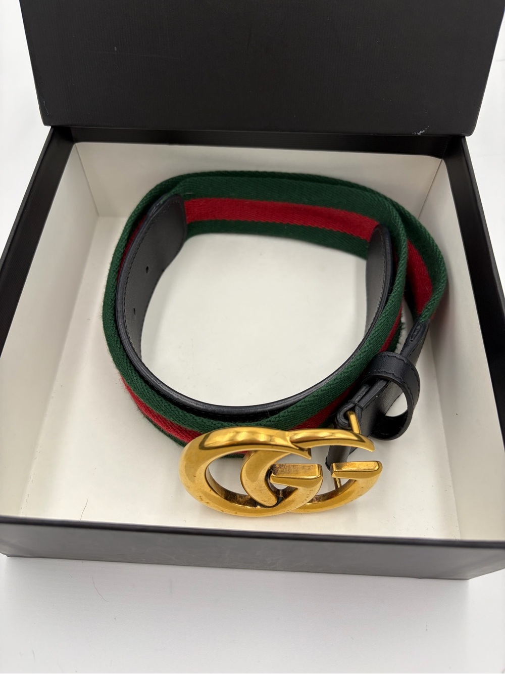 Gucci Women’s Black Leather & Web Stripe Belt with Gold Double G Buckle 85-34 - Picture 6 of 9